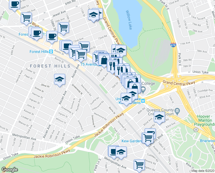 map of restaurants, bars, coffee shops, grocery stores, and more near 111-20 76th Road in Queens