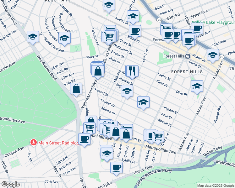 map of restaurants, bars, coffee shops, grocery stores, and more near 68-29 Juno Street in Queens