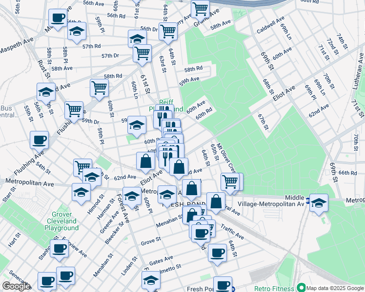 map of restaurants, bars, coffee shops, grocery stores, and more near 62-29 60th Drive in Queens