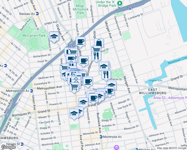 map of restaurants, bars, coffee shops, grocery stores, and more near 240A Skillman Avenue in Brooklyn