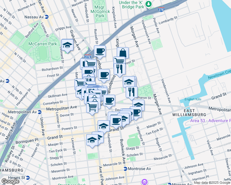map of restaurants, bars, coffee shops, grocery stores, and more near 240A Skillman Avenue in Brooklyn