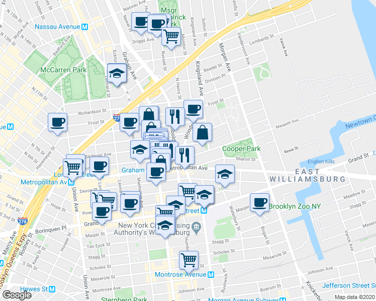 map of restaurants, bars, coffee shops, grocery stores, and more near 220 Skillman Avenue in Brooklyn