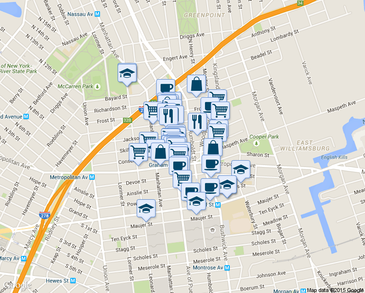 map of restaurants, bars, coffee shops, grocery stores, and more near 176 Skillman Avenue in Brooklyn