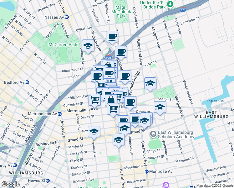 map of restaurants, bars, coffee shops, grocery stores, and more near 176 Skillman Avenue in Brooklyn