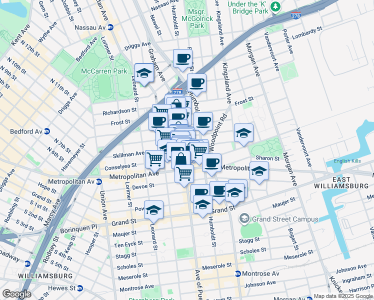 map of restaurants, bars, coffee shops, grocery stores, and more near 176 Skillman Avenue in Brooklyn