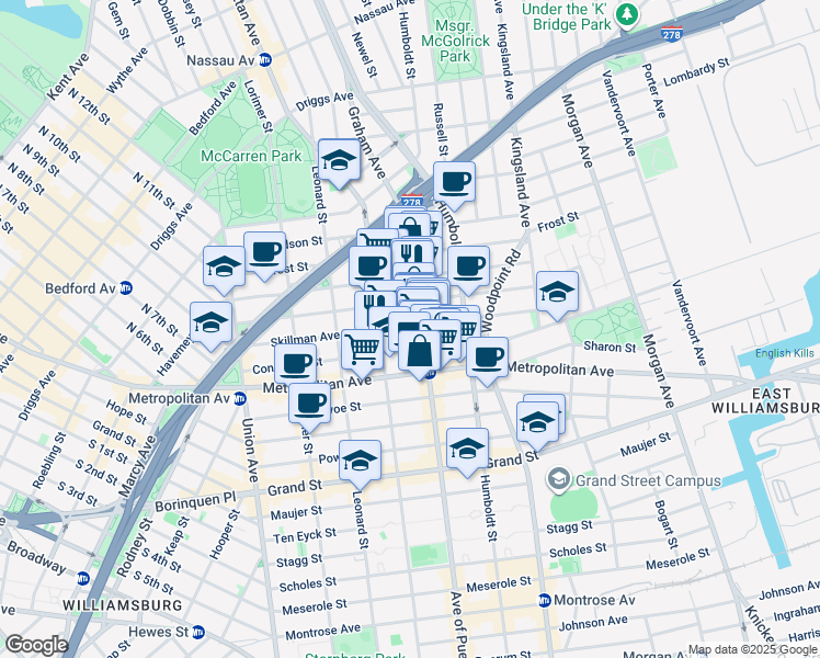 map of restaurants, bars, coffee shops, grocery stores, and more near 141 Skillman Avenue in Brooklyn