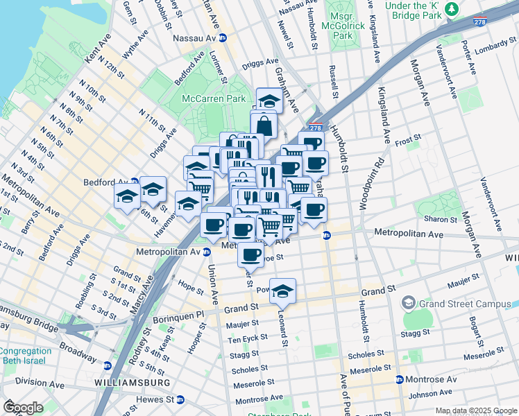 map of restaurants, bars, coffee shops, grocery stores, and more near 76 Jackson Street in Brooklyn