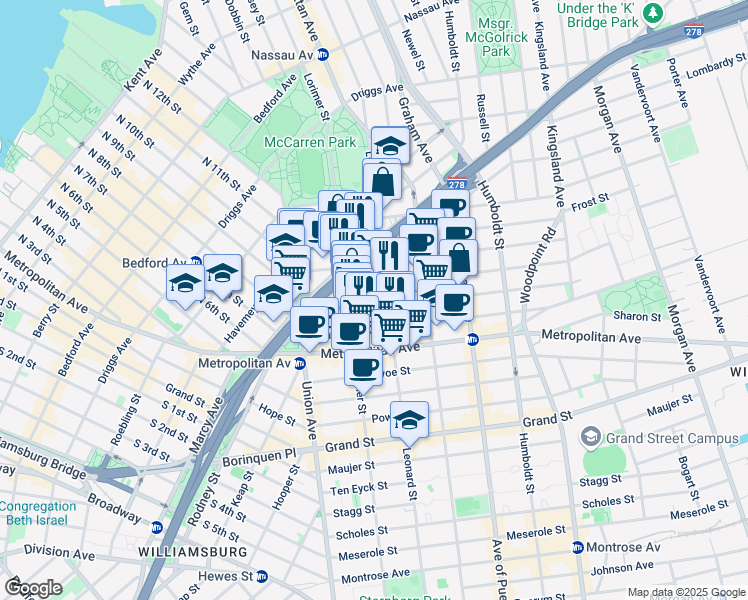 map of restaurants, bars, coffee shops, grocery stores, and more near 76 Jackson Street in Brooklyn
