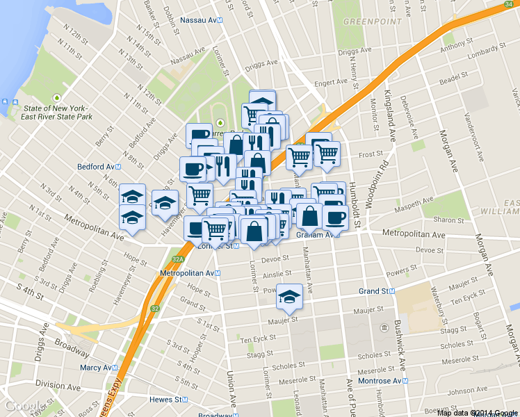map of restaurants, bars, coffee shops, grocery stores, and more near 76 Jackson Street in Brooklyn