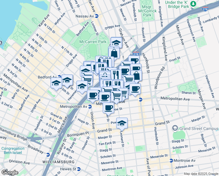 map of restaurants, bars, coffee shops, grocery stores, and more near 76 Jackson Street in Brooklyn