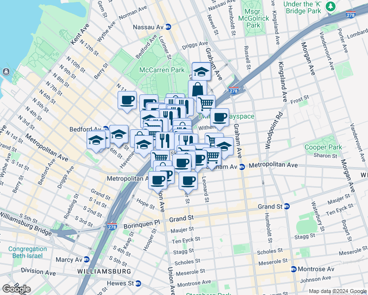 map of restaurants, bars, coffee shops, grocery stores, and more near in Brooklyn
