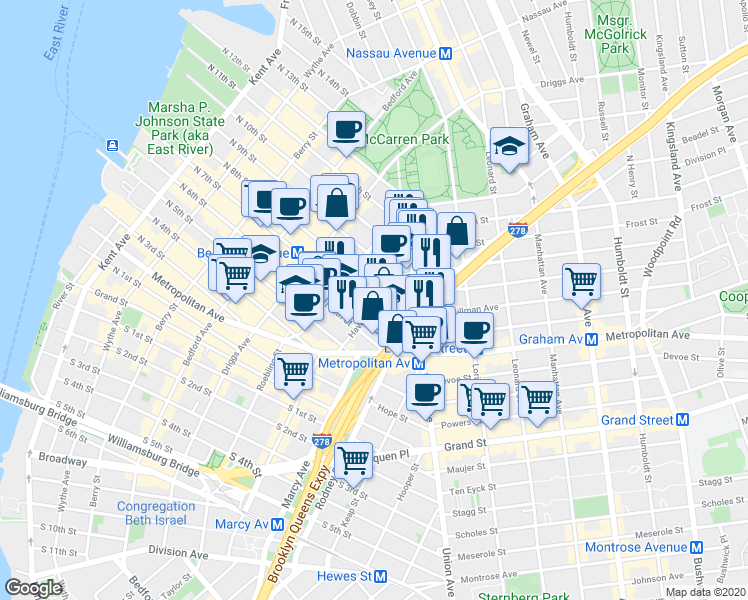 map of restaurants, bars, coffee shops, grocery stores, and more near in Brooklyn