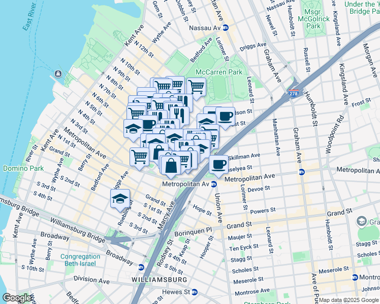 map of restaurants, bars, coffee shops, grocery stores, and more near 251 North 7th Street in Brooklyn
