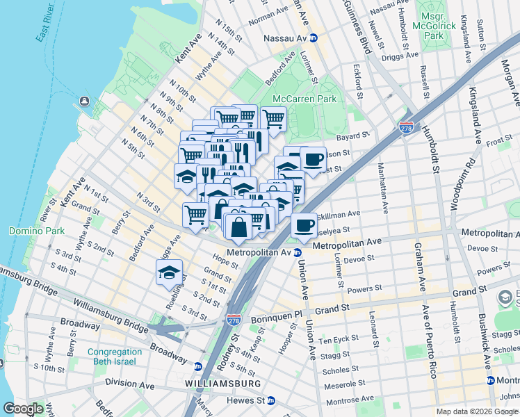 map of restaurants, bars, coffee shops, grocery stores, and more near 251 North 7th Street in Brooklyn
