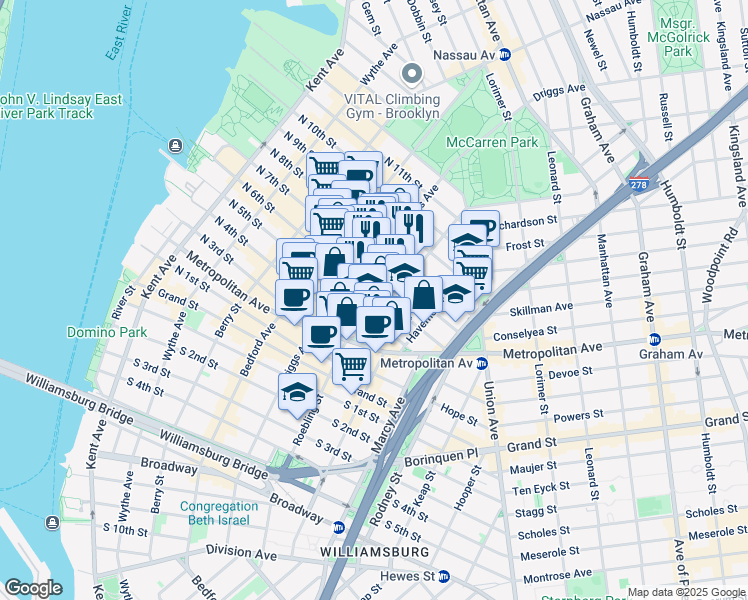 map of restaurants, bars, coffee shops, grocery stores, and more near 88 Roebling Street in Brooklyn
