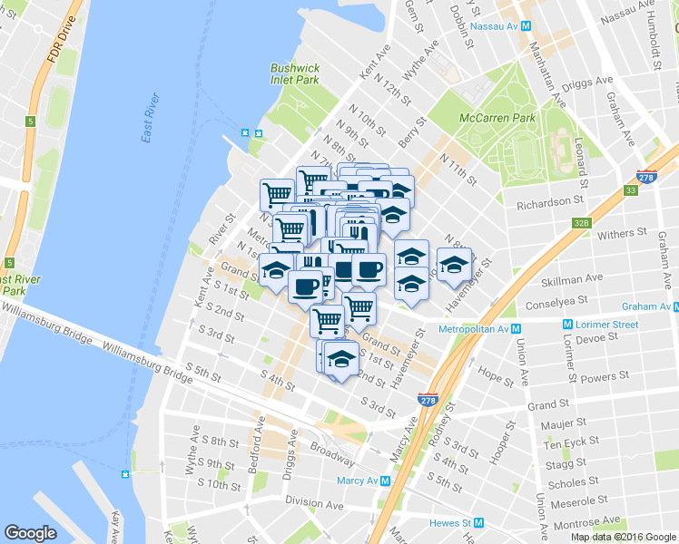 map of restaurants, bars, coffee shops, grocery stores, and more near 256 Bedford Avenue in Brooklyn