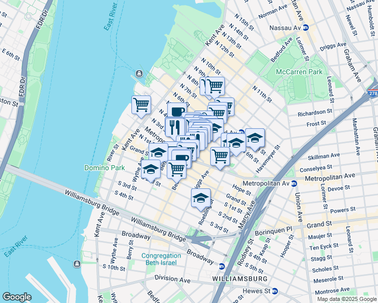 map of restaurants, bars, coffee shops, grocery stores, and more near 256 Bedford Avenue in Brooklyn