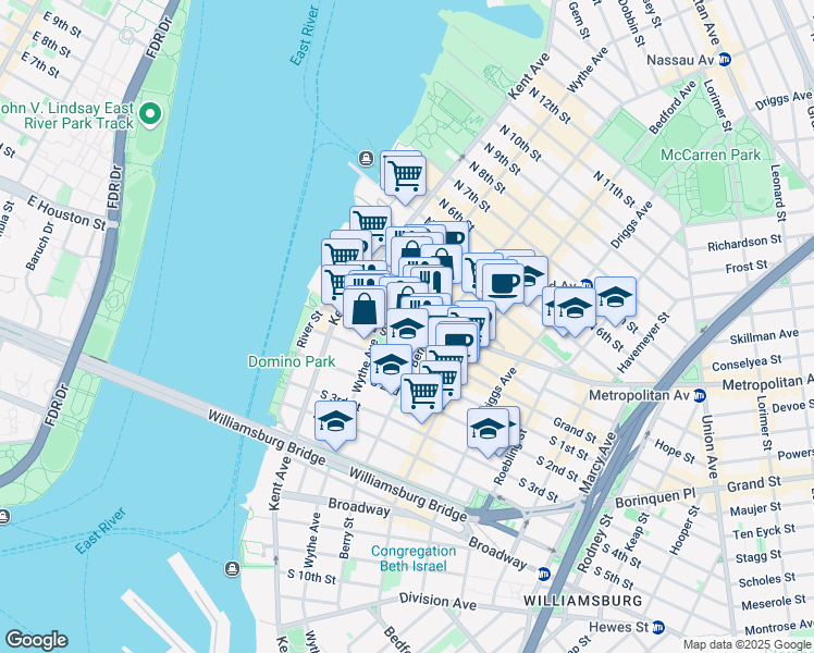 map of restaurants, bars, coffee shops, grocery stores, and more near 88 North 1st Street in Brooklyn