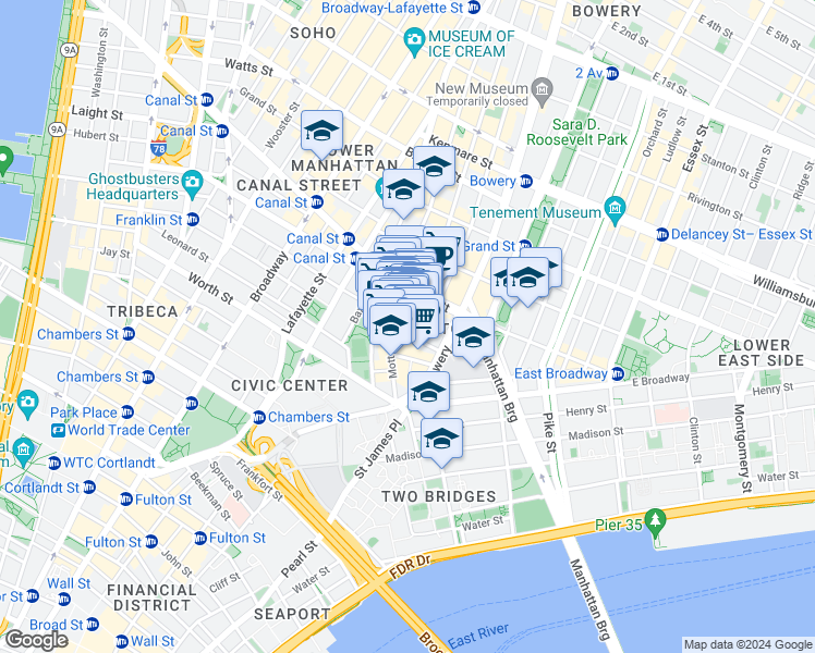 map of restaurants, bars, coffee shops, grocery stores, and more near 64 Mott Street in New York