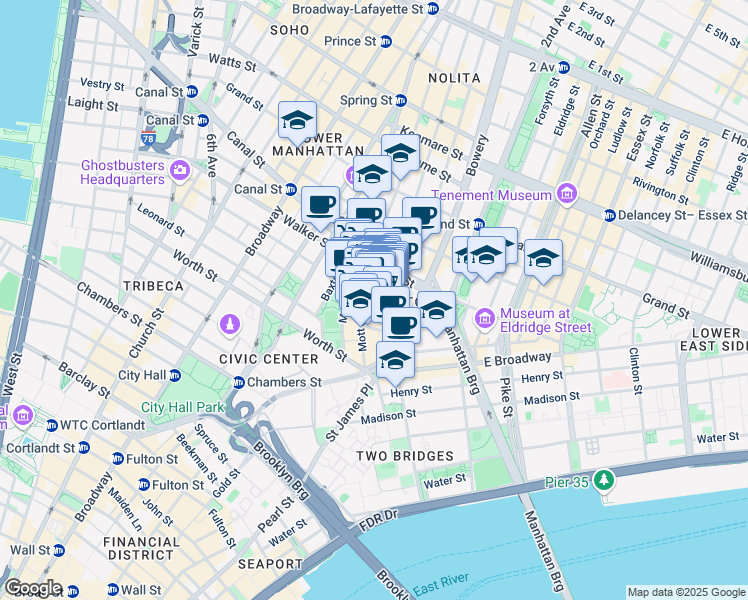 map of restaurants, bars, coffee shops, grocery stores, and more near 64 Mott Street in New York