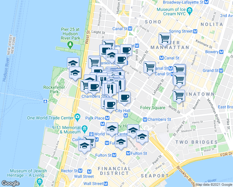 map of restaurants, bars, coffee shops, grocery stores, and more near 112 Reade Street in New York