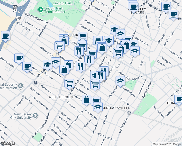 map of restaurants, bars, coffee shops, grocery stores, and more near 104 Atlantic Street in Jersey City