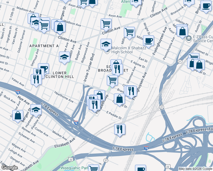 map of restaurants, bars, coffee shops, grocery stores, and more near 172 Johnson Avenue in Newark