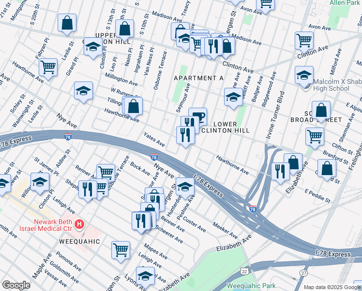 map of restaurants, bars, coffee shops, grocery stores, and more near in Newark
