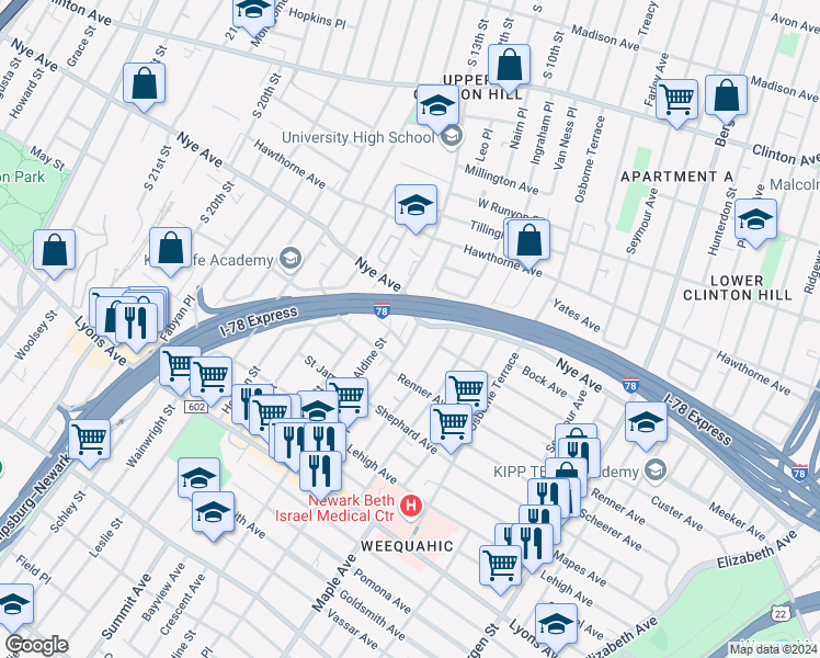 map of restaurants, bars, coffee shops, grocery stores, and more near 69 Wolcott Terrace in Newark