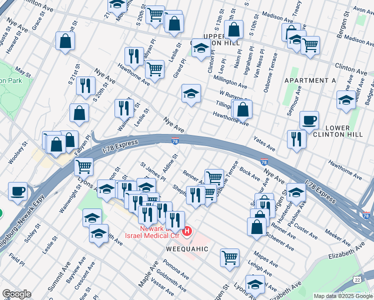 map of restaurants, bars, coffee shops, grocery stores, and more near 69 Wolcott Terrace in Newark