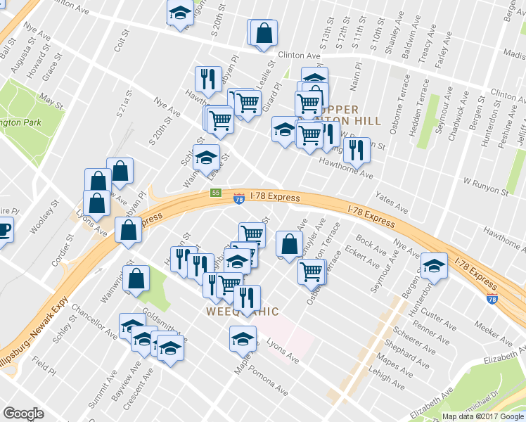 map of restaurants, bars, coffee shops, grocery stores, and more near 22 Edmonds Place in Newark