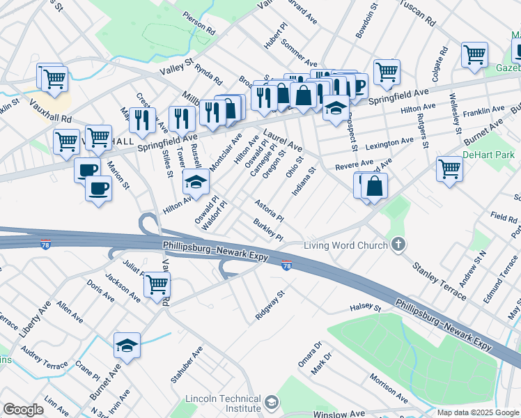 map of restaurants, bars, coffee shops, grocery stores, and more near 19 Astoria Place in Union