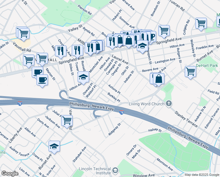 map of restaurants, bars, coffee shops, grocery stores, and more near 19 Astoria Place in Union