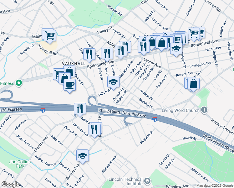 map of restaurants, bars, coffee shops, grocery stores, and more near 127 Oswald Place in Union