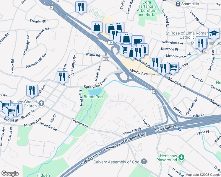 map of restaurants, bars, coffee shops, grocery stores, and more near 326 Briant Park Drive in Springfield