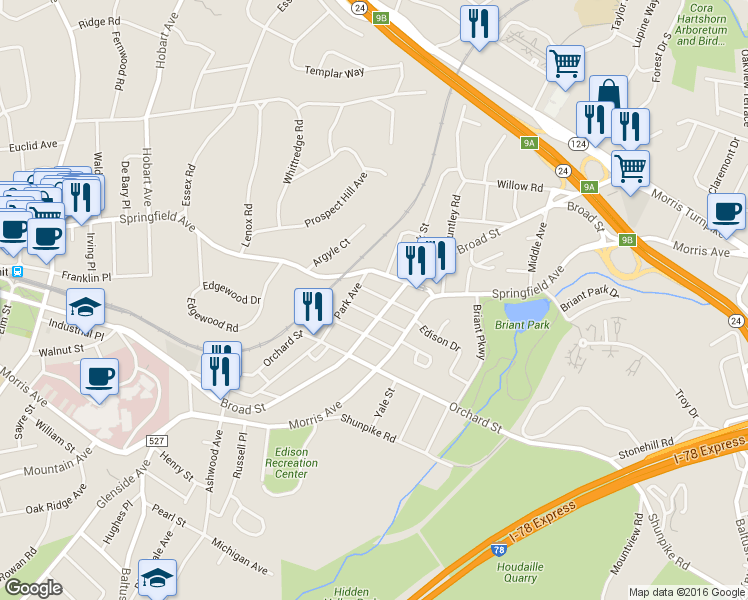 map of restaurants, bars, coffee shops, grocery stores, and more near 12 Park Avenue in Summit