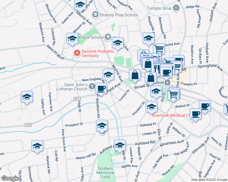 map of restaurants, bars, coffee shops, grocery stores, and more near 556 Springfield Avenue in Summit