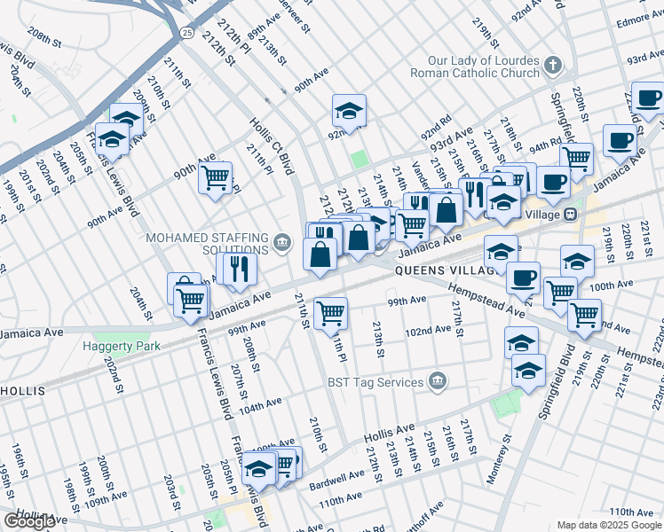 map of restaurants, bars, coffee shops, grocery stores, and more near 211-57 Jamaica Avenue in Queens