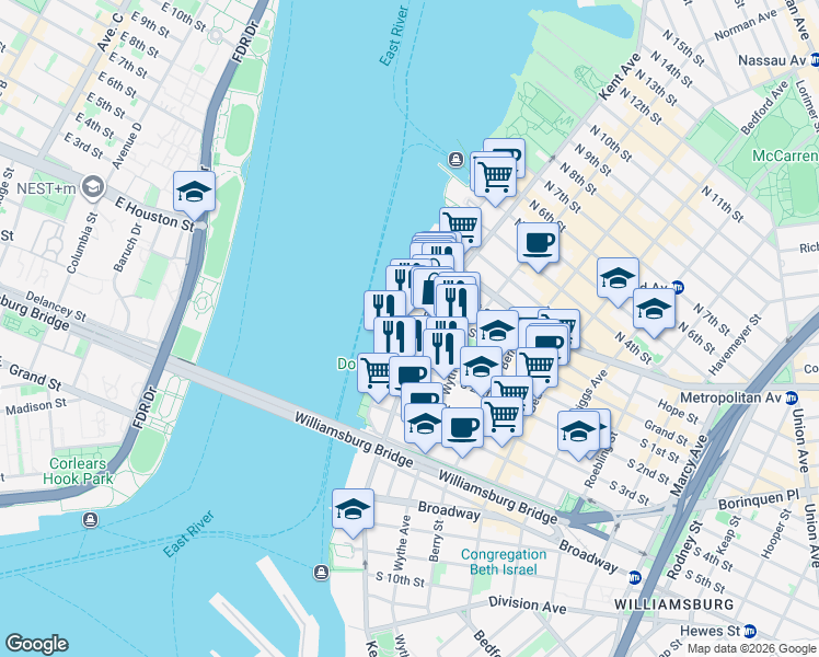 map of restaurants, bars, coffee shops, grocery stores, and more near 259 Kent Avenue in Brooklyn