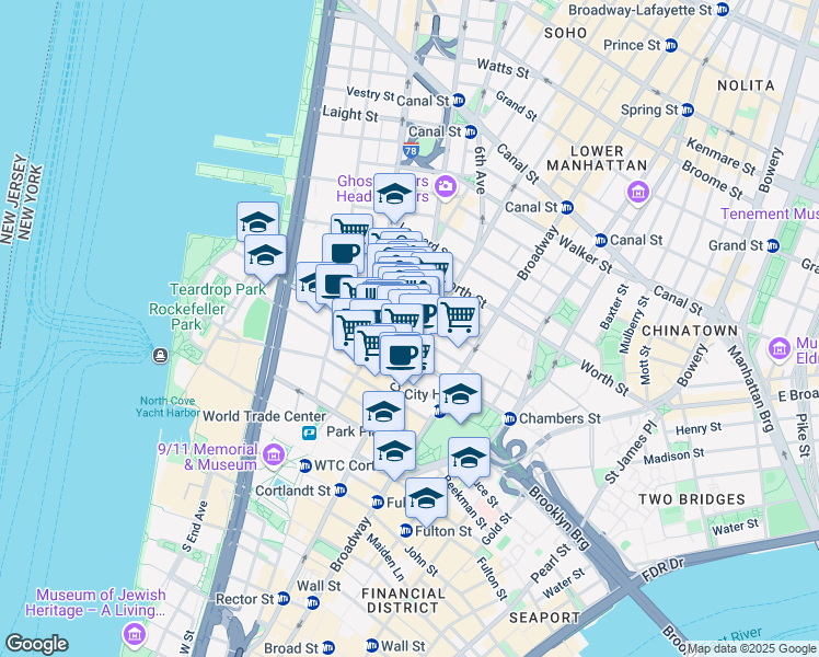 map of restaurants, bars, coffee shops, grocery stores, and more near 112 Reade Street in New York