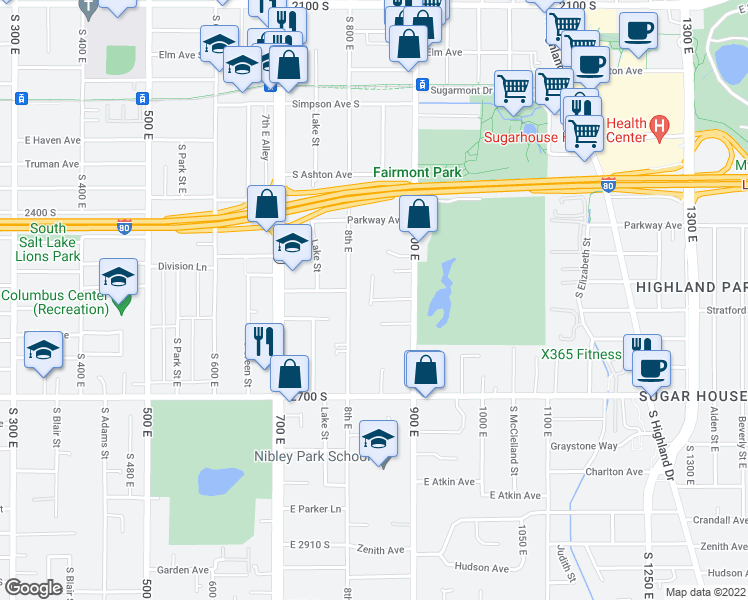 map of restaurants, bars, coffee shops, grocery stores, and more near 828 South Stratford Avenue in Salt Lake City