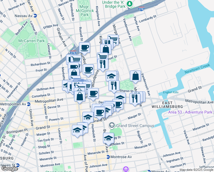 map of restaurants, bars, coffee shops, grocery stores, and more near Kingsland Ave & Maspeth Ave in Brooklyn