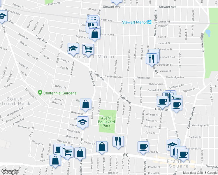 map of restaurants, bars, coffee shops, grocery stores, and more near 93 Gilmore Boulevard in Floral Park