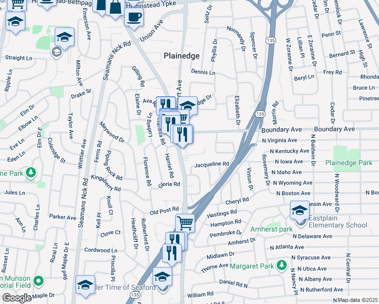 map of restaurants, bars, coffee shops, grocery stores, and more near 4 Manchester Drive in North Massapequa