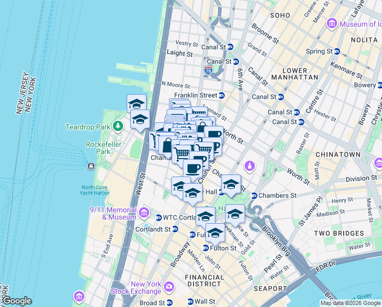 map of restaurants, bars, coffee shops, grocery stores, and more near 155 Chambers Street in New York