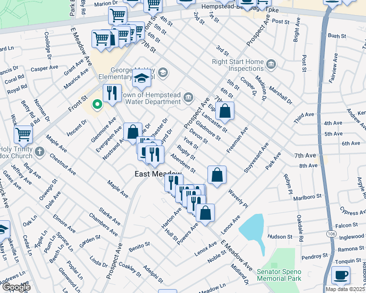 map of restaurants, bars, coffee shops, grocery stores, and more near 2349 Rugby Street in East Meadow