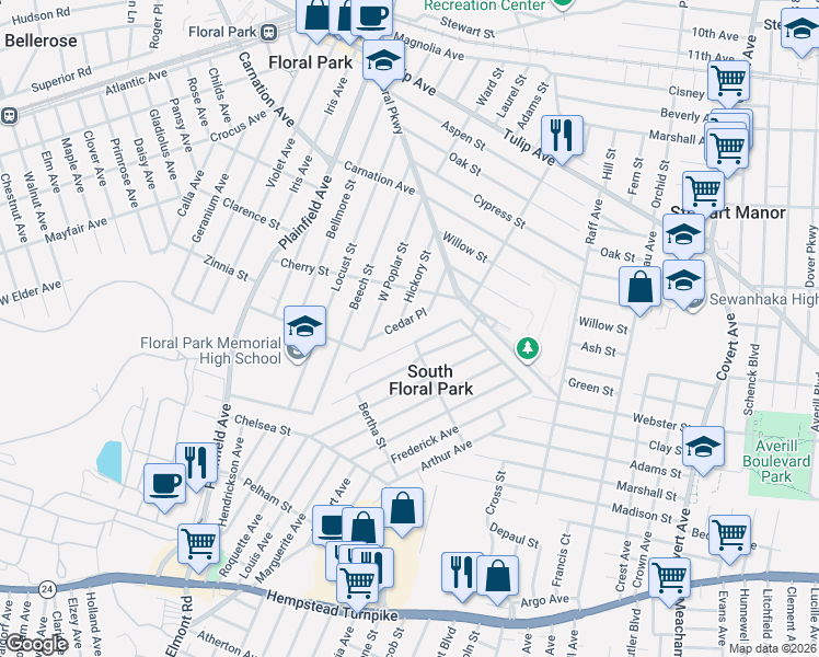 map of restaurants, bars, coffee shops, grocery stores, and more near 47 Cedar Pl in Floral Park