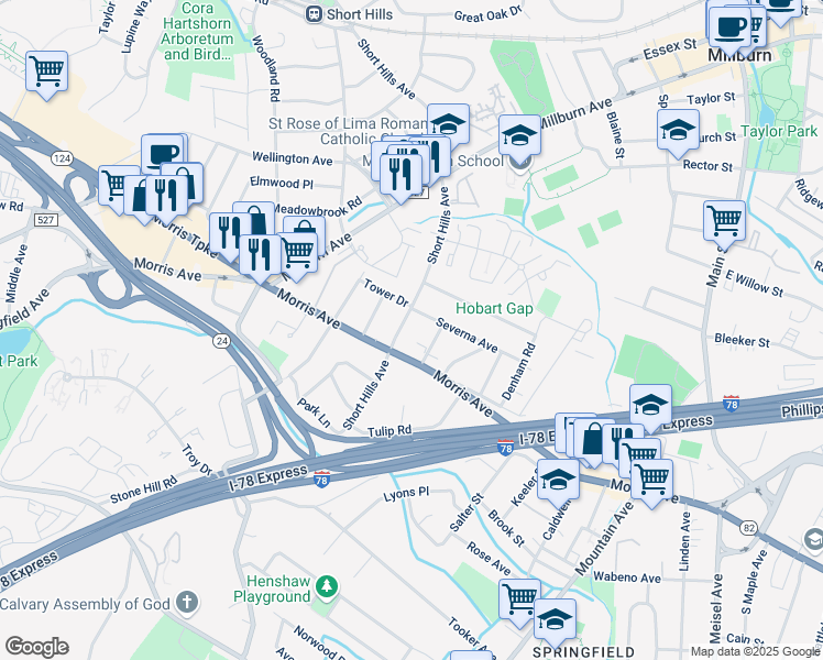 map of restaurants, bars, coffee shops, grocery stores, and more near 225 Short Hills Avenue in Springfield