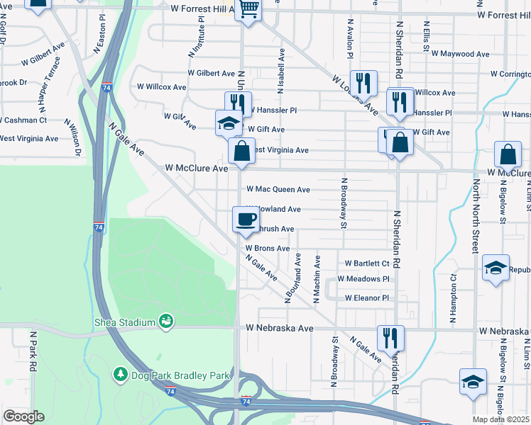 map of restaurants, bars, coffee shops, grocery stores, and more near 1200 West Nowland Avenue in Peoria