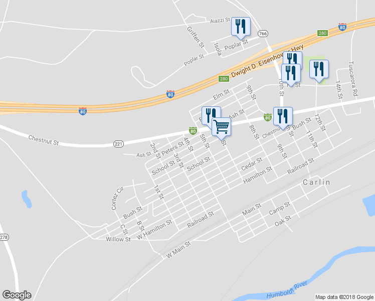map of restaurants, bars, coffee shops, grocery stores, and more near 602 4th Street in Carlin